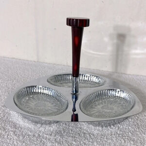 Vintage Glo Hill Gourmates  Chrome Serving Tray W Bakelite Handle & Glass Dishes